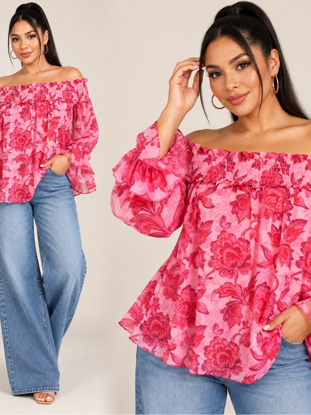 CeCe Pink Floral Off-Shoulder Blouse